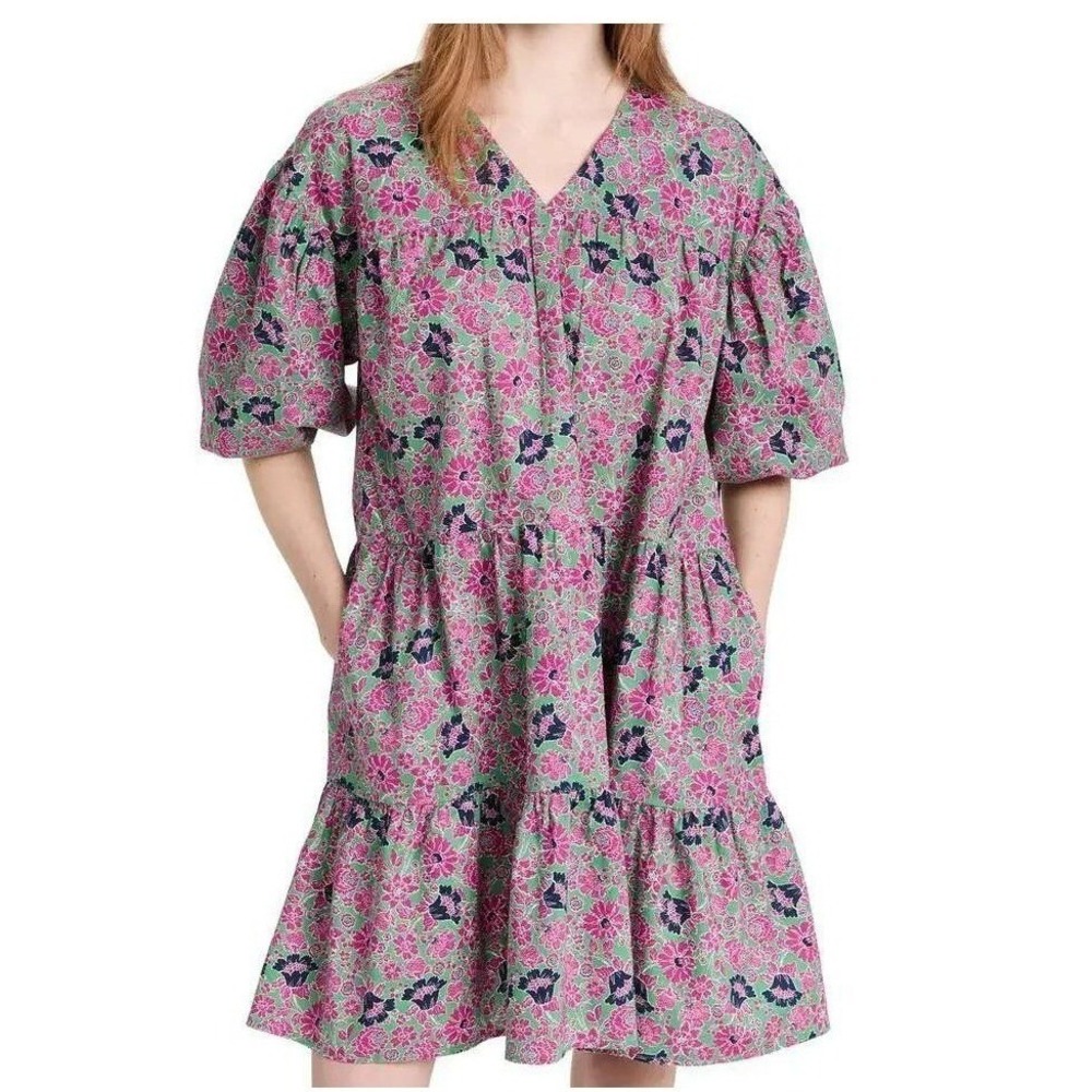 Anthropologie Sundry Babydoll Ditzy Floral Dress Sz 0 Green Pink Navy Boho Mini